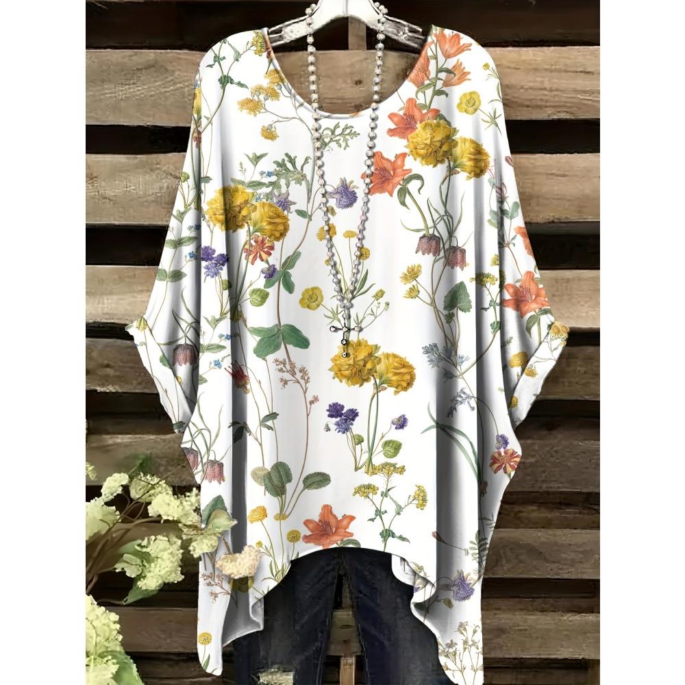 Haine de Vară Femei 2025 Albastru Marin și Alb cu Imprimeu Floral Elegant Versatil Design Decolteu Rotund Mânecă Scurtă Top Y2k pentru Femei