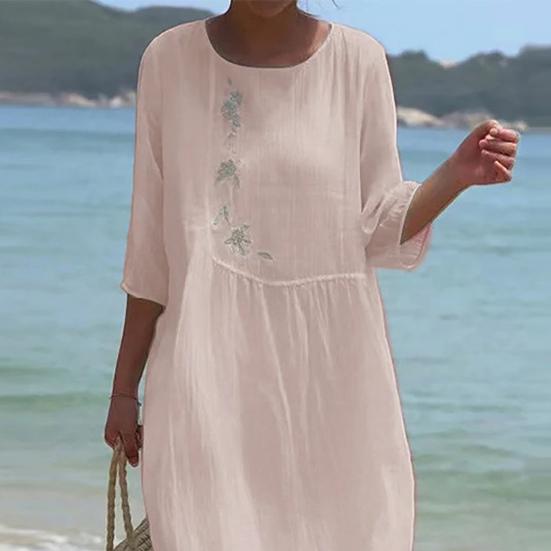 Damen Frühling Herbst Kleid Blumenstickerei Rundhalsausschnitt Dreiviertelarm Locker Midikalb