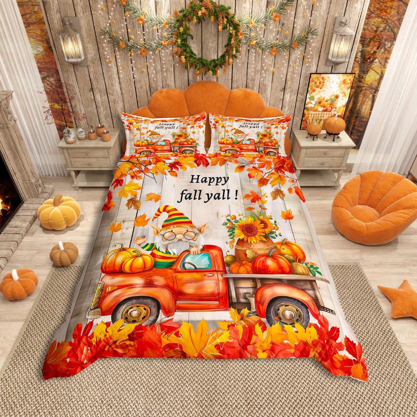 Homewish Rustic Flower Maples Duvet Cover SetAutumn Harvest Pumpkin Comforter Cover SetBrown Pine Cone Bed Set For Girls