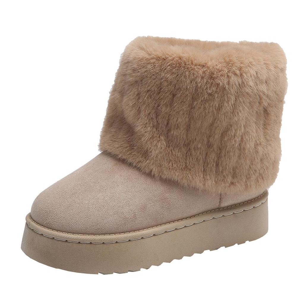 Furry Striped Women's Mid-Calf Snow Boots - Suede, Thick Soled, Warm & Comfortable for Autumn/Winter.