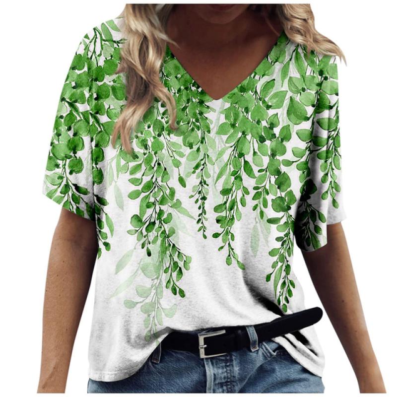 Ny fransk dame V-hals Kontrast Fritid V-krage T-skjorte med blomstertrykk 2023 Vår Sommer Slim Fit Kortermet T-skjorte for kvinner