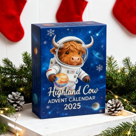 Astronaut Highland Cow Advent Calendar 24 Days Acrylic Ornament Box with Space Themed Surprises Christmas Countdown Decor for Kids