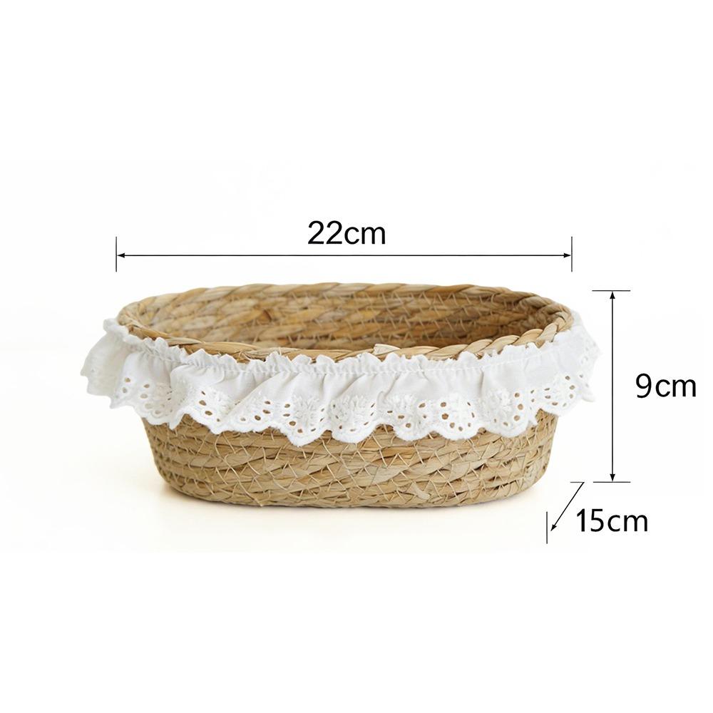 Natural French Style Desktop Woven Basket Oval Round Lace Trim Straw Storage Box Hand Woven Sundries Storage Box Desktop