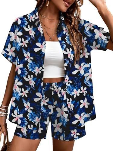 Plant-printed short-sleeved shirt, elastic waist shorts, two-piece set, vacation style casual suit, women's