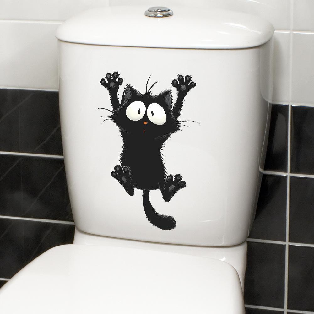 Self-adhesive Cartoon Black Cat Raising Paw Toilet Stickers Wall Decals for Bathroom Home Decor