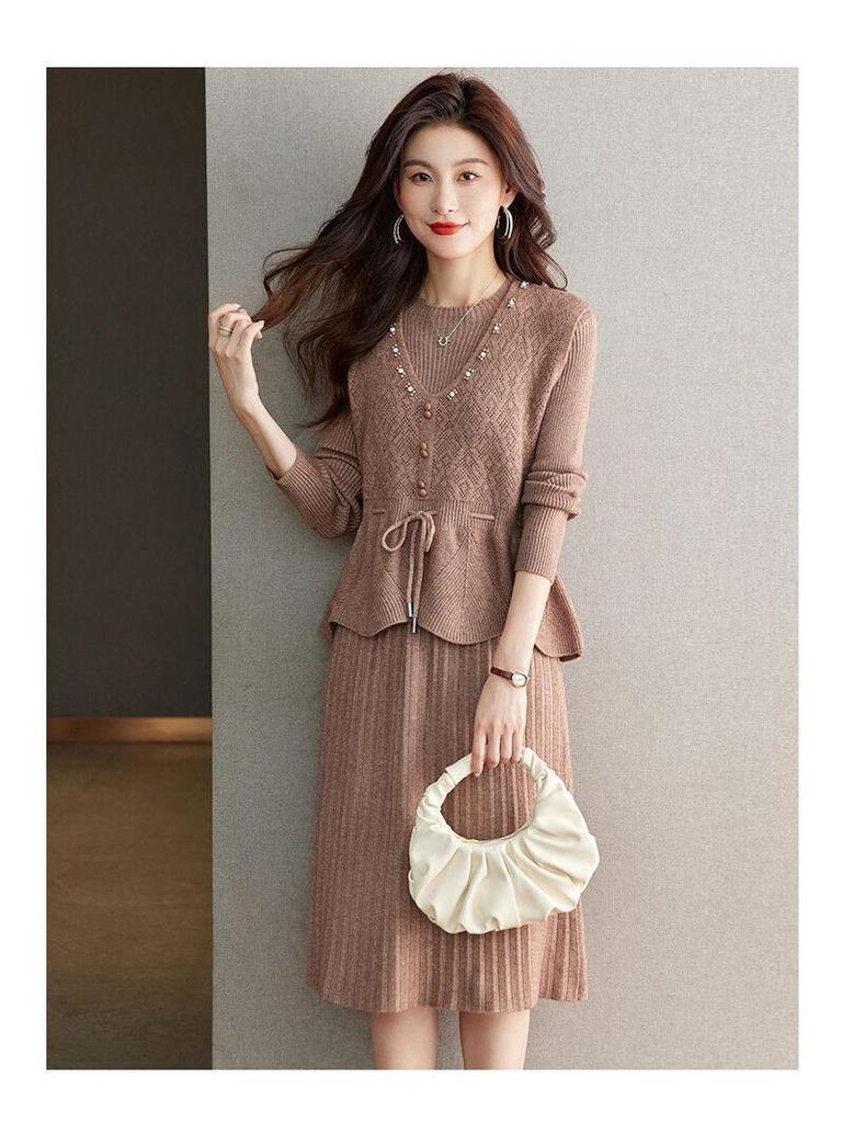 Two-Piece Knit Vest & Dress Set: Mid-Length, Slim-Fit, Autumn/Winter Fashion