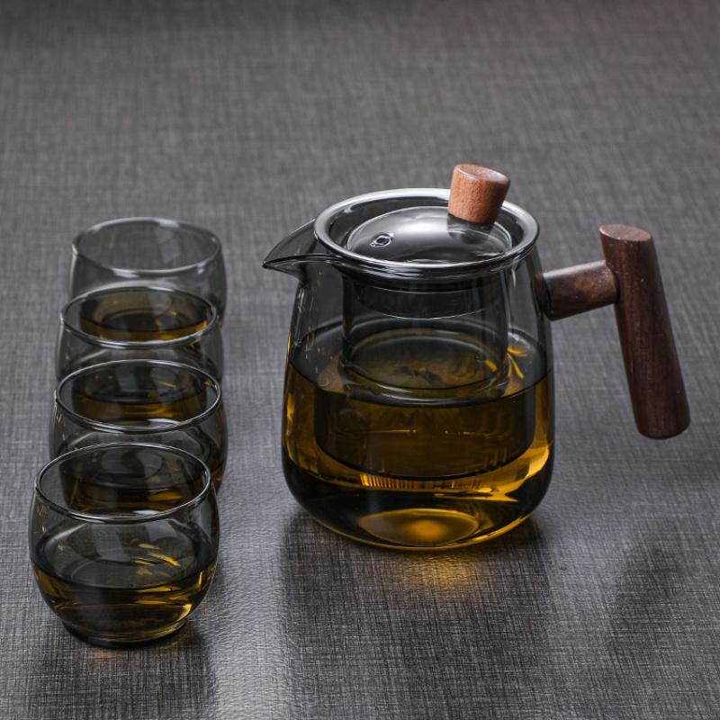 1 Set Hochtemperaturbeständige Teekanne mit herausnehmbarem Sieb und 4 Teetassen Holzgriff Teezubereitungsset für blühenden losen Tee