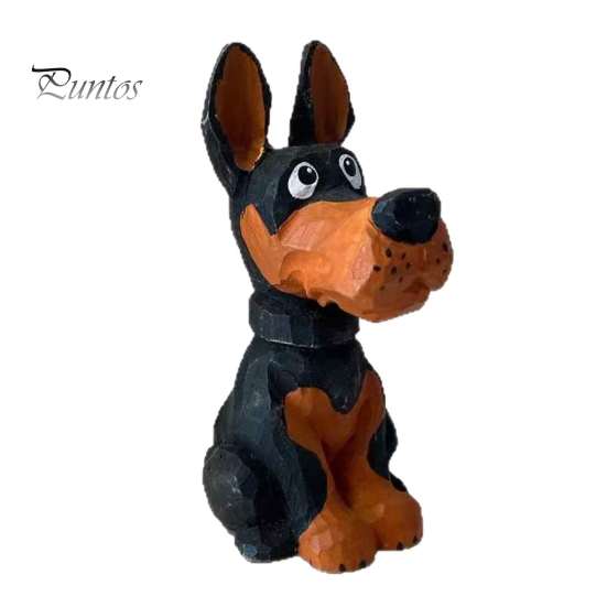 Solid Wood Dog Figurine Doberman Wooden Ornament, Hand Carved Creative Sculpture, Cute Handcrafted Statue for Home Shelf And Entryway Craft