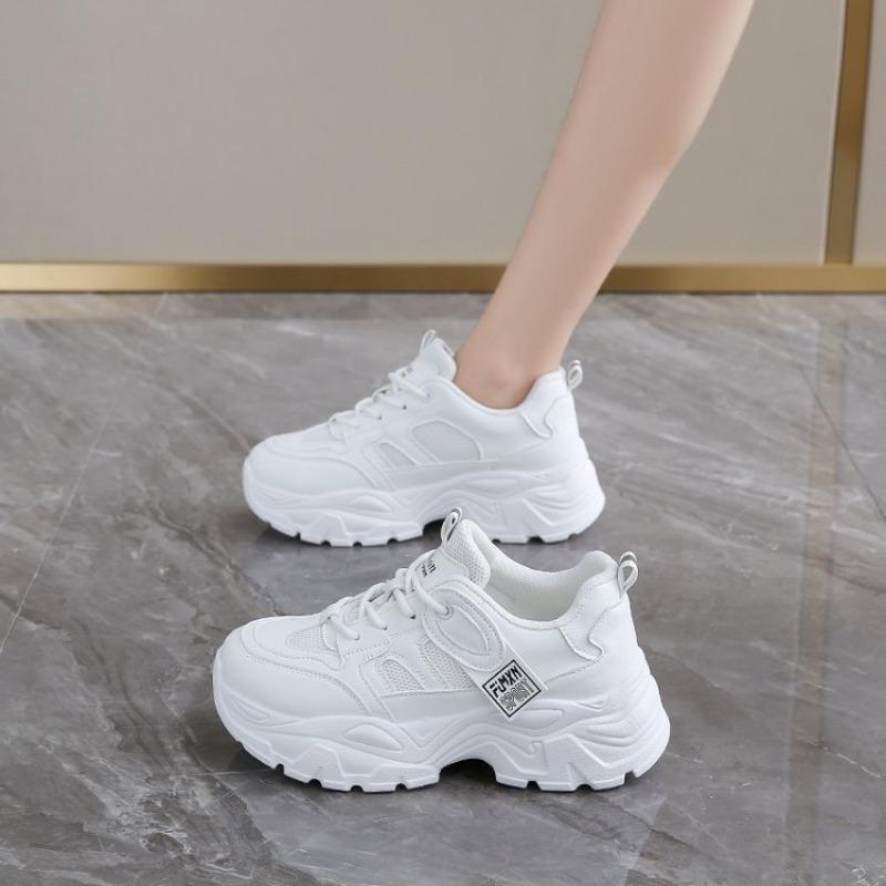 2024 Spring Lace-Up Thick Bottom Vulcanize Shoes White Platform Women's Sneakers Woman Pu Leather Wesh Breathable Sports Shoes