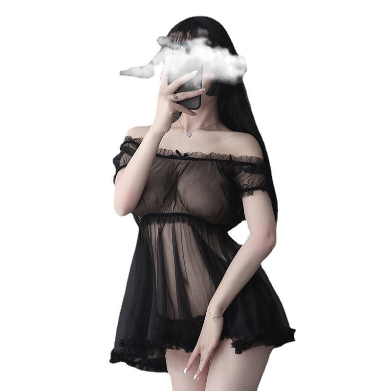 New sexy underwear perspective princess suit one-word shoulder mesh skirt seduces girl transparent milk leakage nightdress