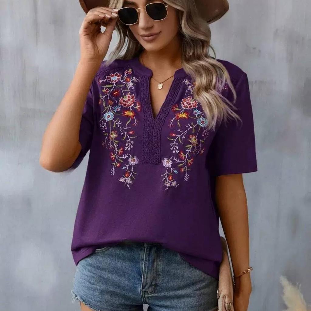 Summer V-neck T-shirt Fashion Embroidery Stitching Lace Blouse Women