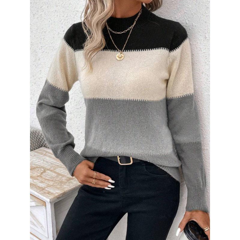 Women Sweaters Striped Long Sleeve Knit Pullovers Patchwork Thick Jumpers Round Neck High Street Loose Casual Autumn
