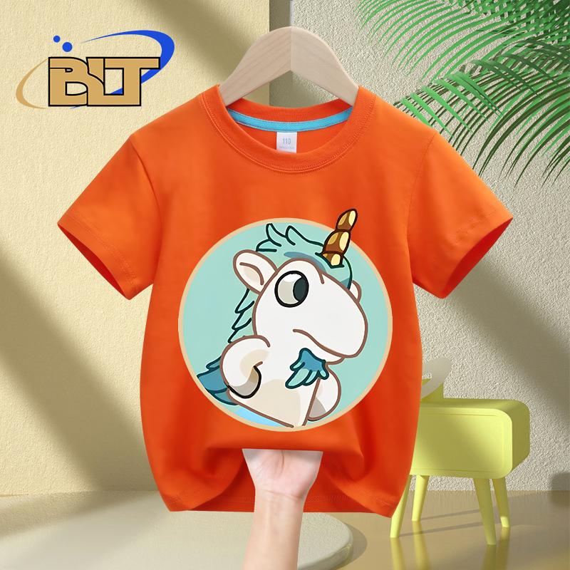 Cute unicorse hole cartoon print kids Tshirt summer childrens cotton short sleeve casual tops for boys and girls