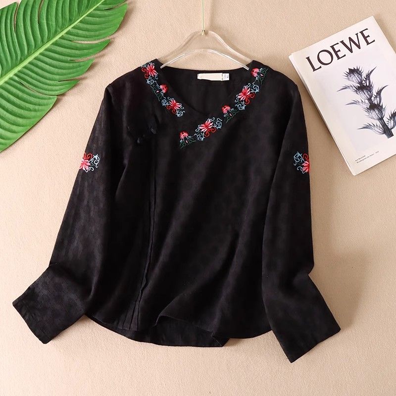 

Большая распродажа Выбор утечек ~ Ретро Пряжка Жаккардовая Вышивка Цветок Женский Этнический Стиль Рукав 3/4 Свободная Рубашка Хлопковые Топы D507 Black XL