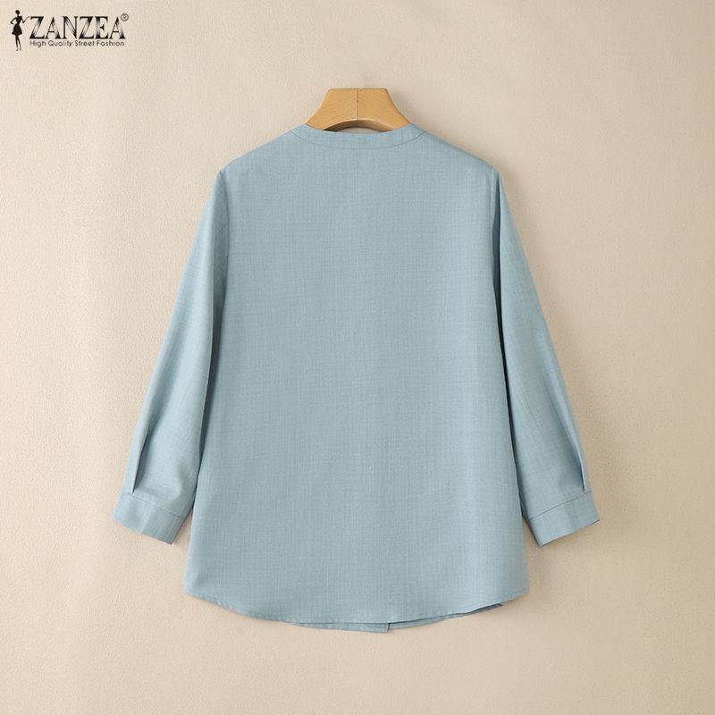 ZANZEA Kadın Günlük Yuvarlak Yaka Düz Renk 3/4 Kol Bol Bluz