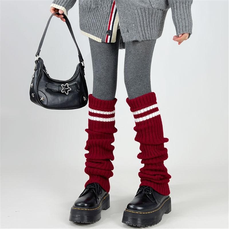 Women Thicken Ribbed Knit Leg Warmer Preppy Style Double Striped Leg Covers Snow Boot Cuffs Over Knee Stacked Long Socks