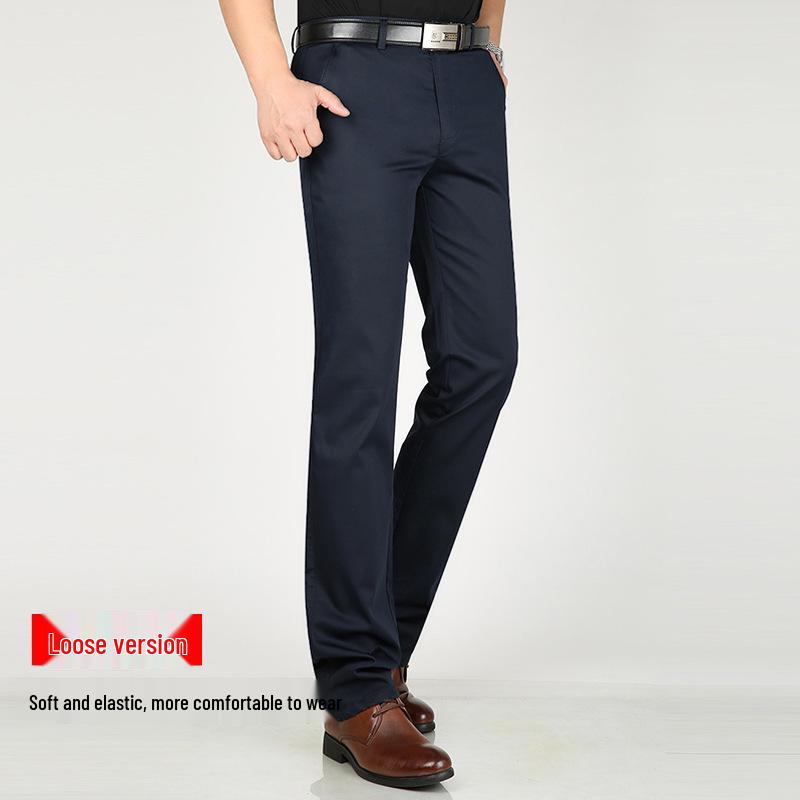 Men's Black Elastic Straight-Leg Summer Business Casual Pants
