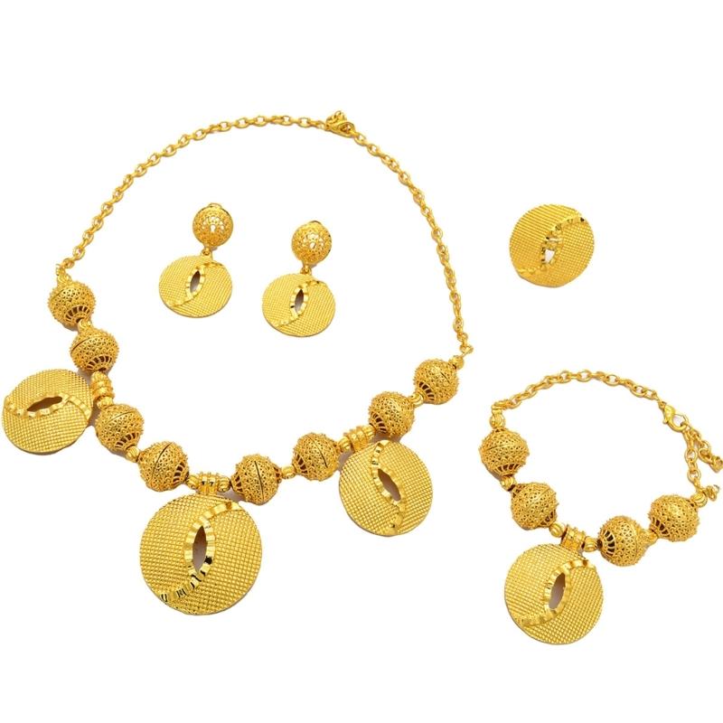 

Gold Color Necklace Earring Wrist Chain and Rings Set For Bridal And Party Nigerian Weddings and Engagement Parties