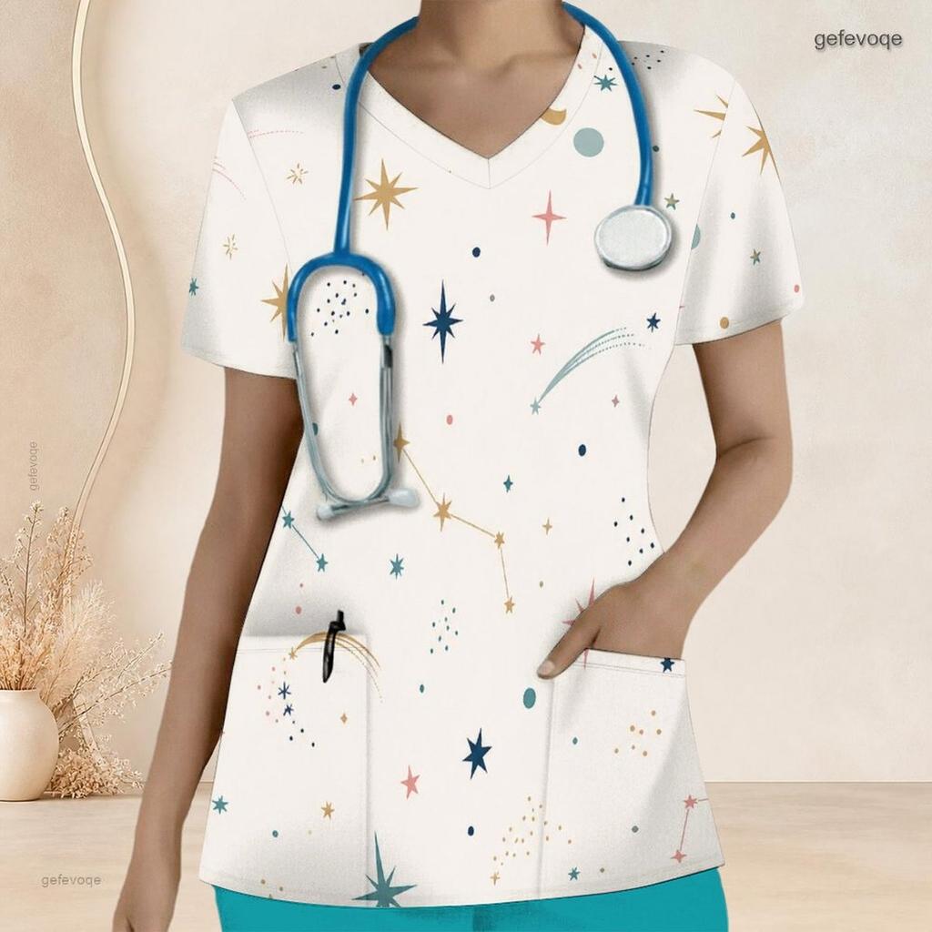 Women Plus Size V Neck Short Sleeve Scrub Top Boho Abstract Multicolor Heart Star Print Nurse Uniform Top