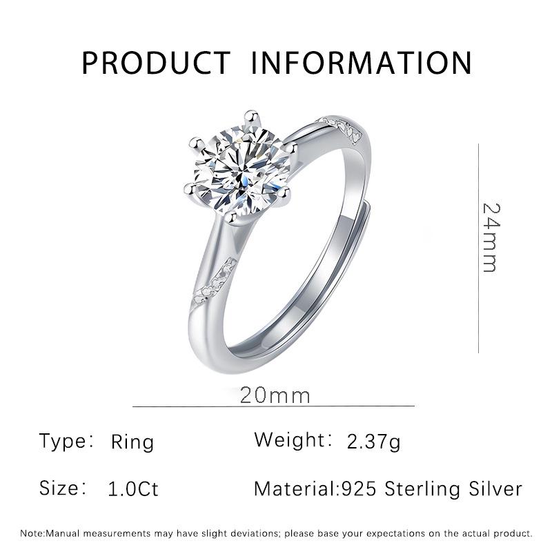 Genuine Moissanite Diamond S925 Sterling Silver Unisex Open Ring - Engagement & Wedding Jewelry 6.5mm Cubic Zirconia