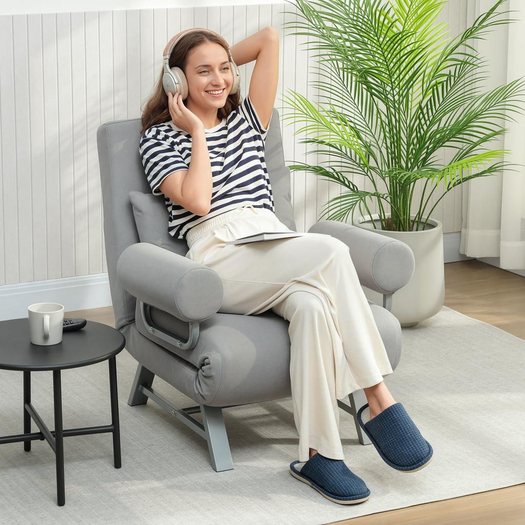 Convertible Armchair, 1-Seater, Folding Armchair-Bed, Linen, Adjustable Backrest, Pillow, Light Gray