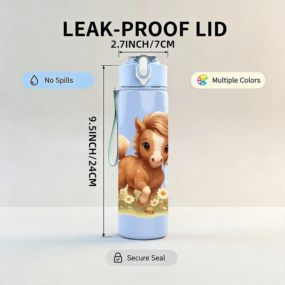 1PC Little Brown Horse Foal Cartoon Print 750ml Color Plastic Sports Water Bottle Leakproof Flip Straw Lid Suitable for Sports Office Home Use