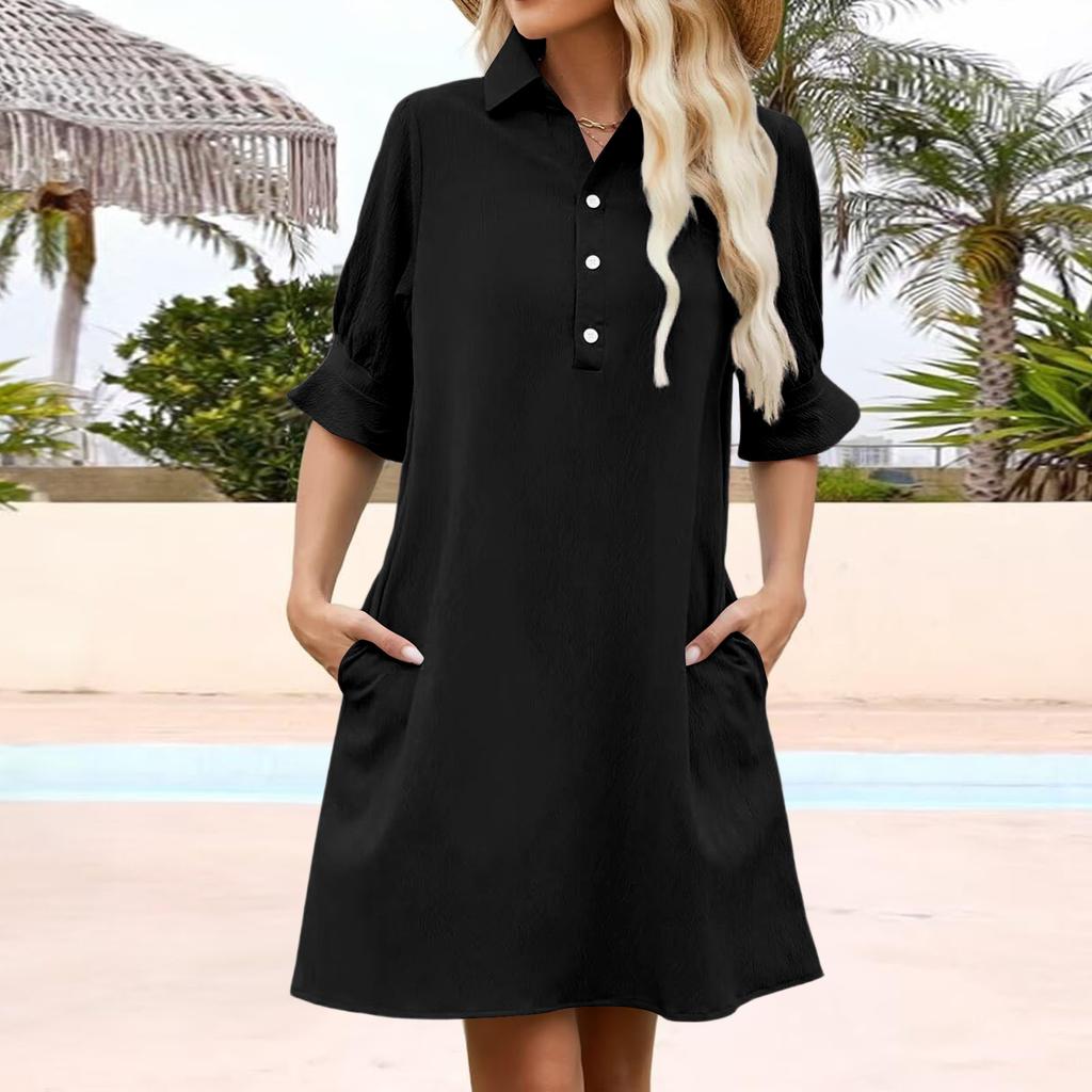 Women's Casual Fashion Summer Loose Color Button Half Sleeve Dress