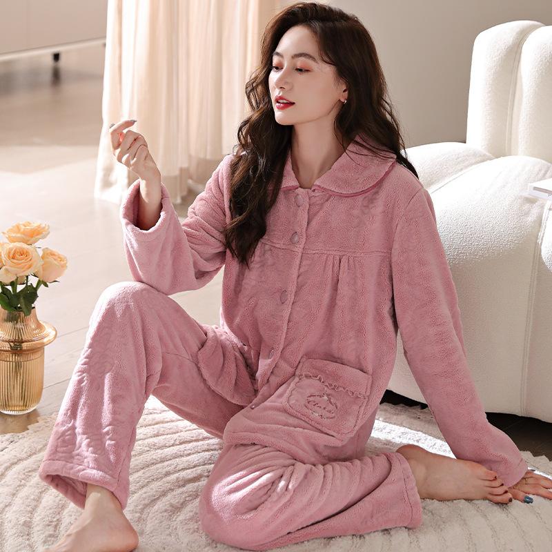 Coral Fleece Pajamas Women'S Winter Thickened Fleece Large Size Middle-Aged And Elderly Mothers Autumn And Winter Flannel Loungewear Set