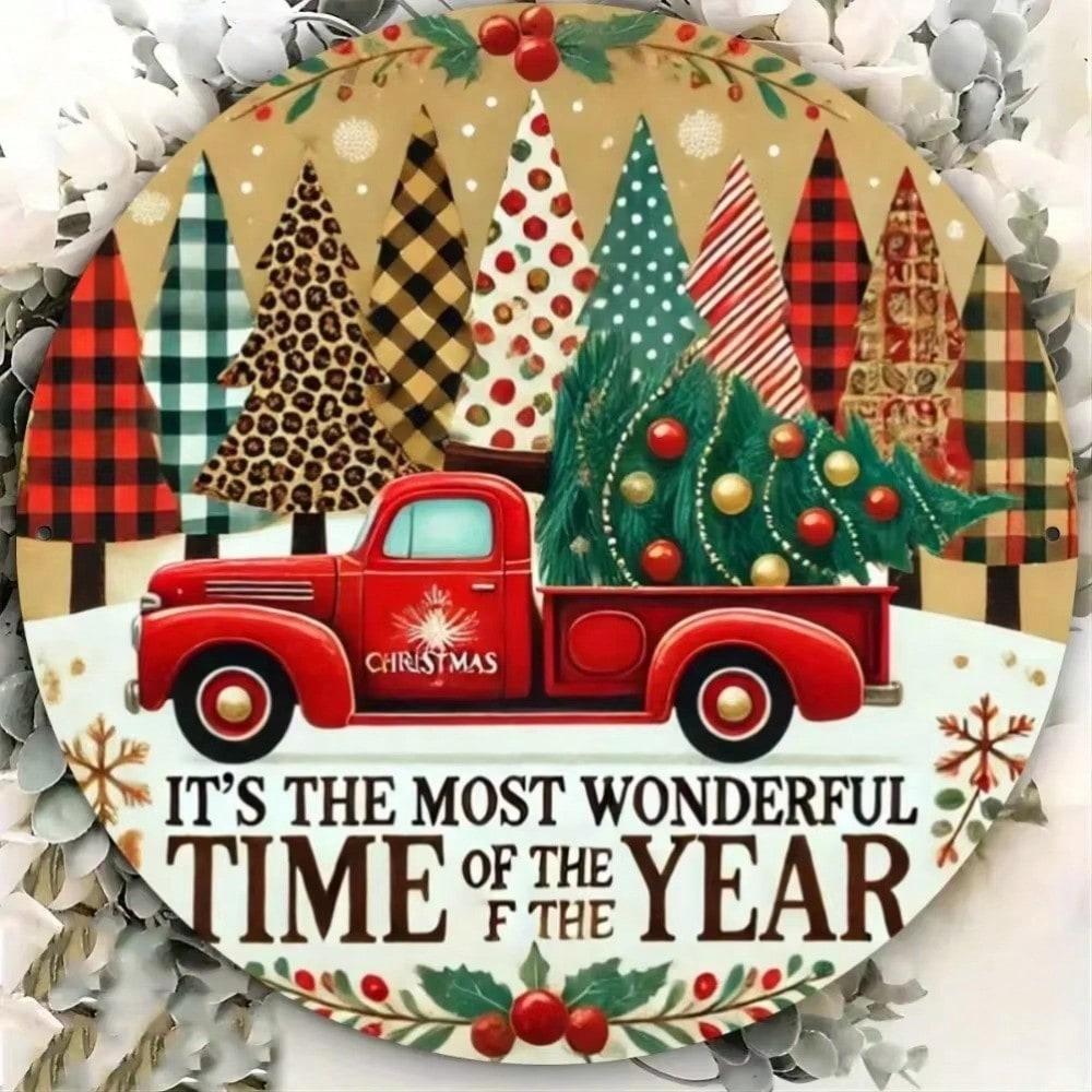 

Винтажная красная машина Рождественская елка Металлическая табличка, Круглый плоский железный орнамент для стены бара, кафе, клуба 20x20 белый