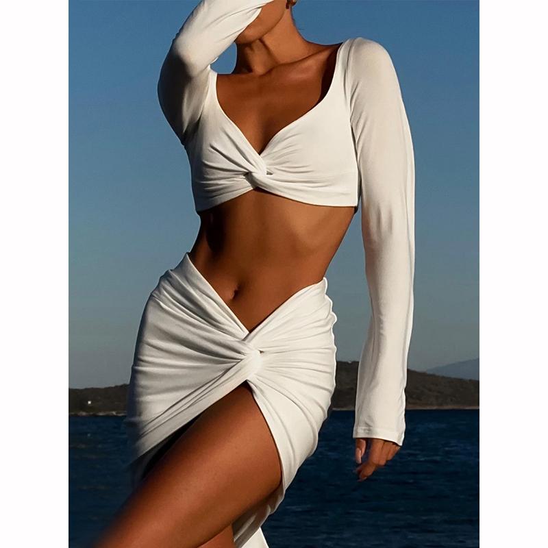 Sexy Solid Color 3 Pieces Bikinis Women Swimsuit Swimwear Bathing Suit Beachwear With Skirt Bikini Set Biquini Female