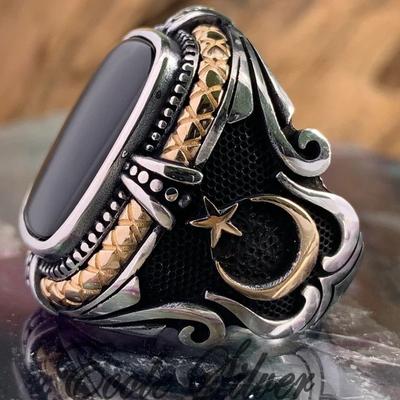 Bague Ouverte Punk Rétro pour Homme Grande Zircon Géométrique Noir Ligne Ouverte Sculptée Lune Croissante Étoile Mode Gothique Viking