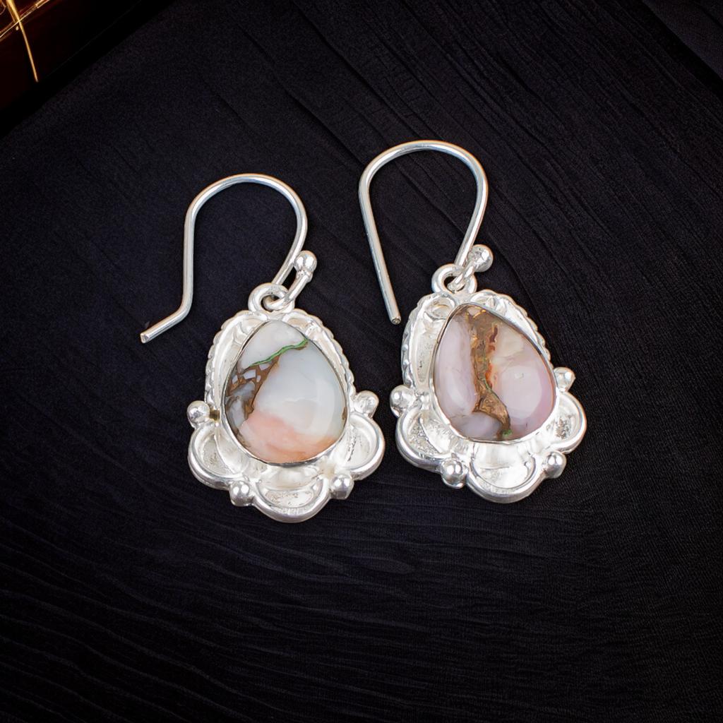Natural Pink Opal Copper Gemstone 925 Stleing Silver Stylish Jewelry Earrings EE-41-35