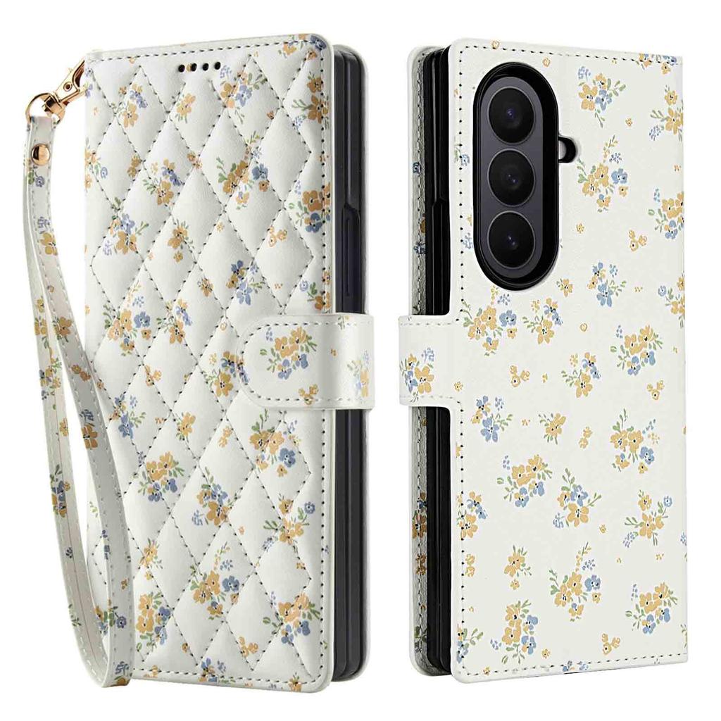 Applicable to Samsung Z Fold7Lanyard phone case with floral and checkered pattern leather cover Fold6/5/4Flip cover case
