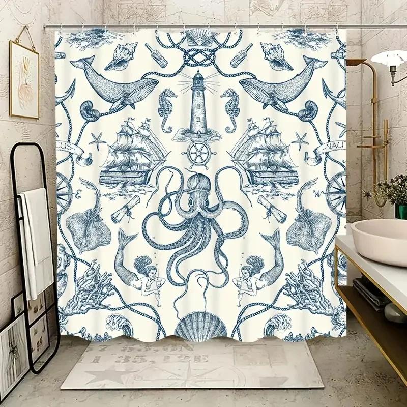 Vintage Nautical Octopus Waterproof Shower Curtain Navy Blue Mermaid Fun Ocean Sea Monster Bath Shower Curtain Anchorage Map