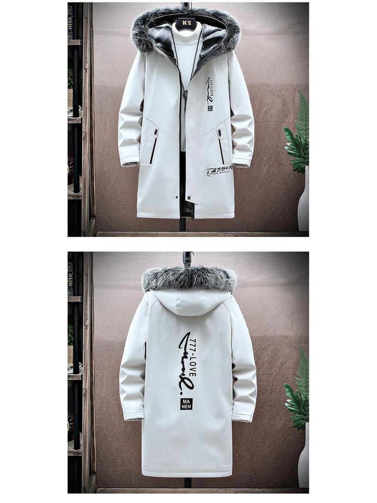 Men's Winter Fleece-Lined Hooded Mid-Length Printed Cotton Coat - Trendy & Warm Casual Jacket