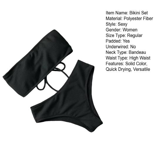 2Pcs/Set Women Bikini Set Bandeau Strapless Swimming Bra High Waist Swimming Briefs Set Beach Pool Bathing Suit