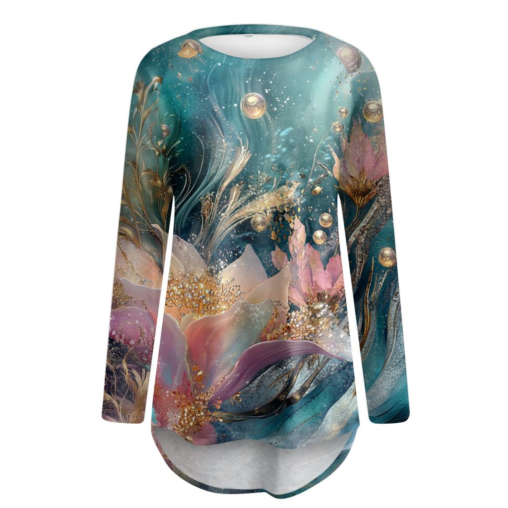 Damenmode Lässig Langarm Print Rundhals Pullover Top Bluse