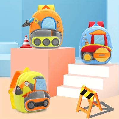 Mochila de Pelúcia Desenho Animado para Criança Veículos de Engenharia Mochila Escolar para Jardim de Infância Mochila para Bebê e Criança Pequena Mochila 3D de Escavadeira Trator