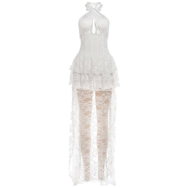 European and American style 2026 summer new fashion temperament sexy lace splicing neck slim dress women S