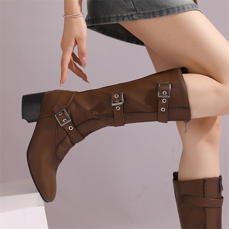 FOREADA Women Mid Calf Boots Round Toe Chunky Mid Heels Buckle Zipper Concise Ladies Fashion Shoes Winter Black White Brown 46