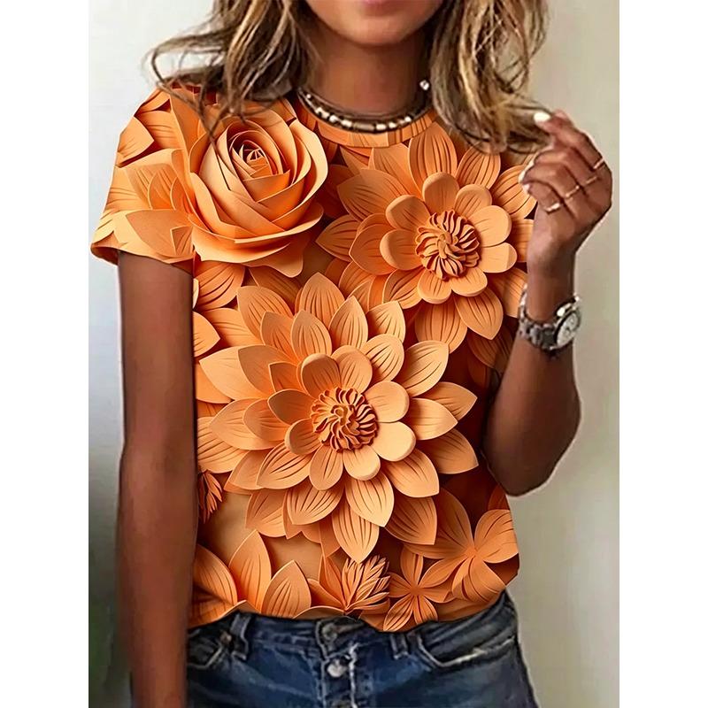 Camiseta de moda de verano para mujer, camiseta con estampado Floral 3d, Tops de talla grande, ropa para mujer, Top femenino de uso diario, camiseta de manga corta para mujer