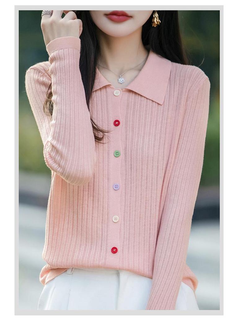 Stylish Women's Polo Collar Knitted Cardigan with Colorful Buttons - Korean Style, Age-Reducing Design.