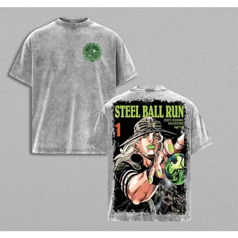 

JoJo s Bizarre Adventure Anime Printed T-shirt For Men Clothing Summer Short Sleeve Pure Cotton Tee Shirt Vintage Washed Tshirts XXL сірий колір