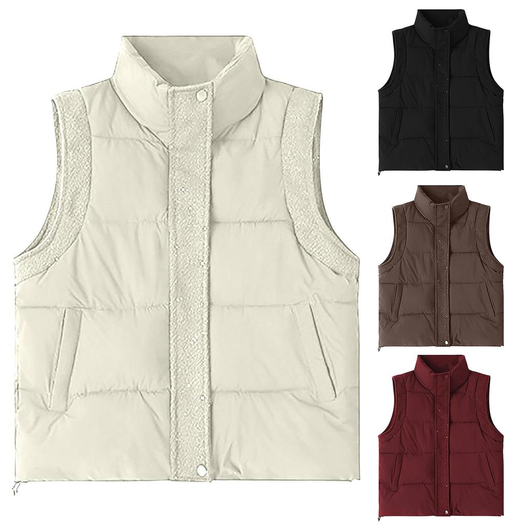Women's Fashion Casual Puffy Down Jacket With Knitted Sleeves - Solid Color Vest Coat