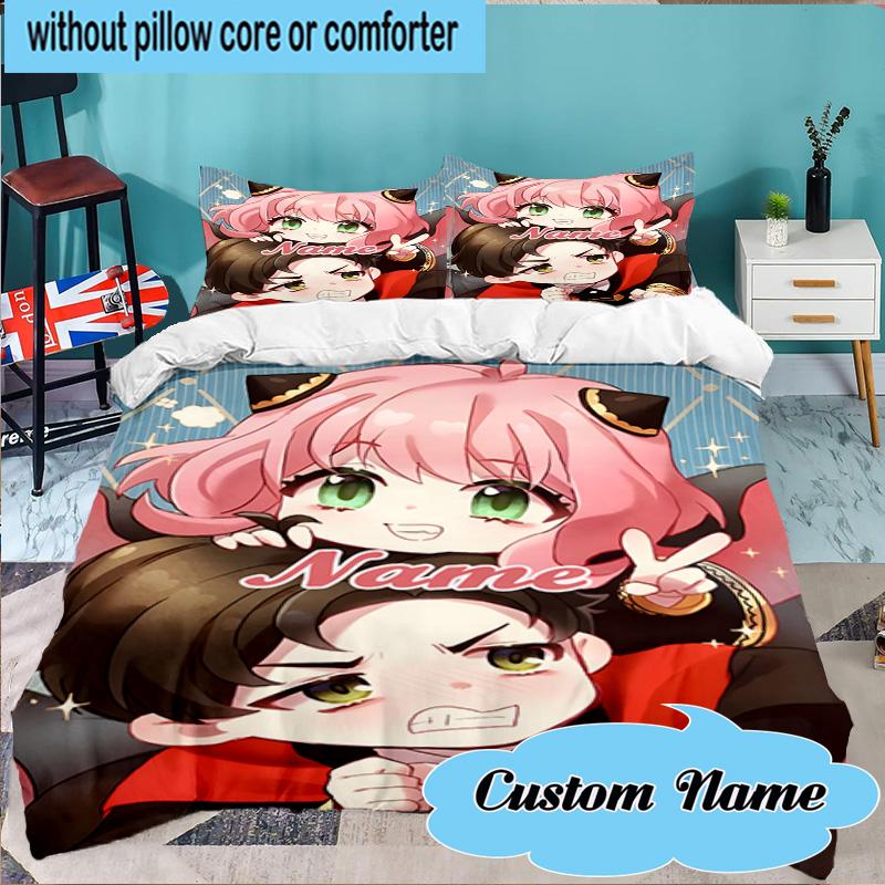 Custom Name 3PCS Pink Hair Anime Anya Bedding Set Including 1pc Duvet Cover And 2pcs Pillowcases for Bedroom, Dormitory Gift Home Decor