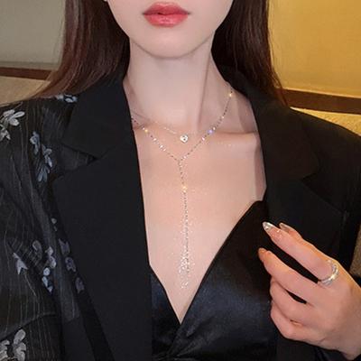 Long Y-Shaped Tassel Shiny  Necklace Women Personality  Double Layer Sexy Clavicle Chain Wedding Jewelry