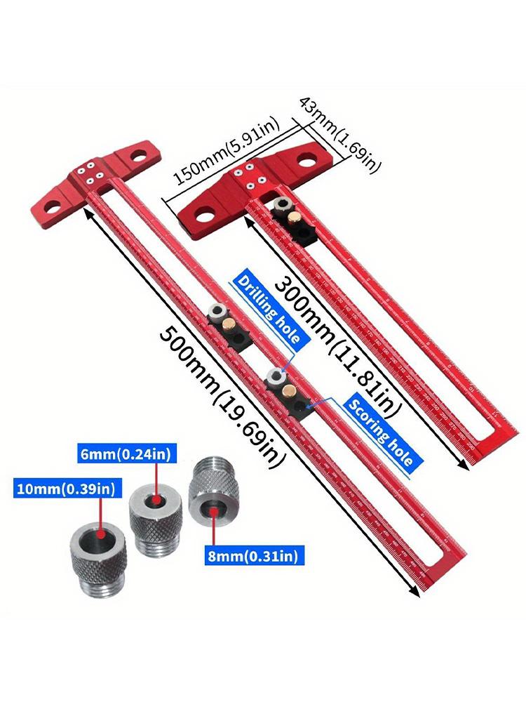 2 In1 Drilling Positioning Scoring Ruler Woodworking Aluminum Scriber Marking T Square Dowelling Jig with 6/10mm Drill Sleeve