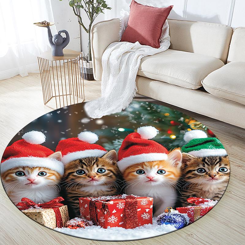 Christmas Kittens Round Area Rug,Carpet Rug for Living Room Bedroom Sofa Playroom Decor,Non-slip Floor Mat