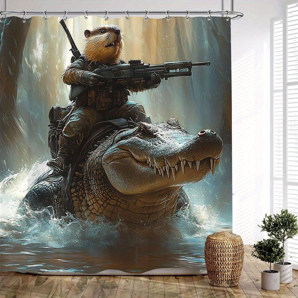 1 Stück Anthropomorphes Otter-Kommando auf Krokodil-Duschvorhang - Nebeliger Dschungel-Fantasy-Abenteuer-Design, 70. 86 x 70. 86 Zoll,