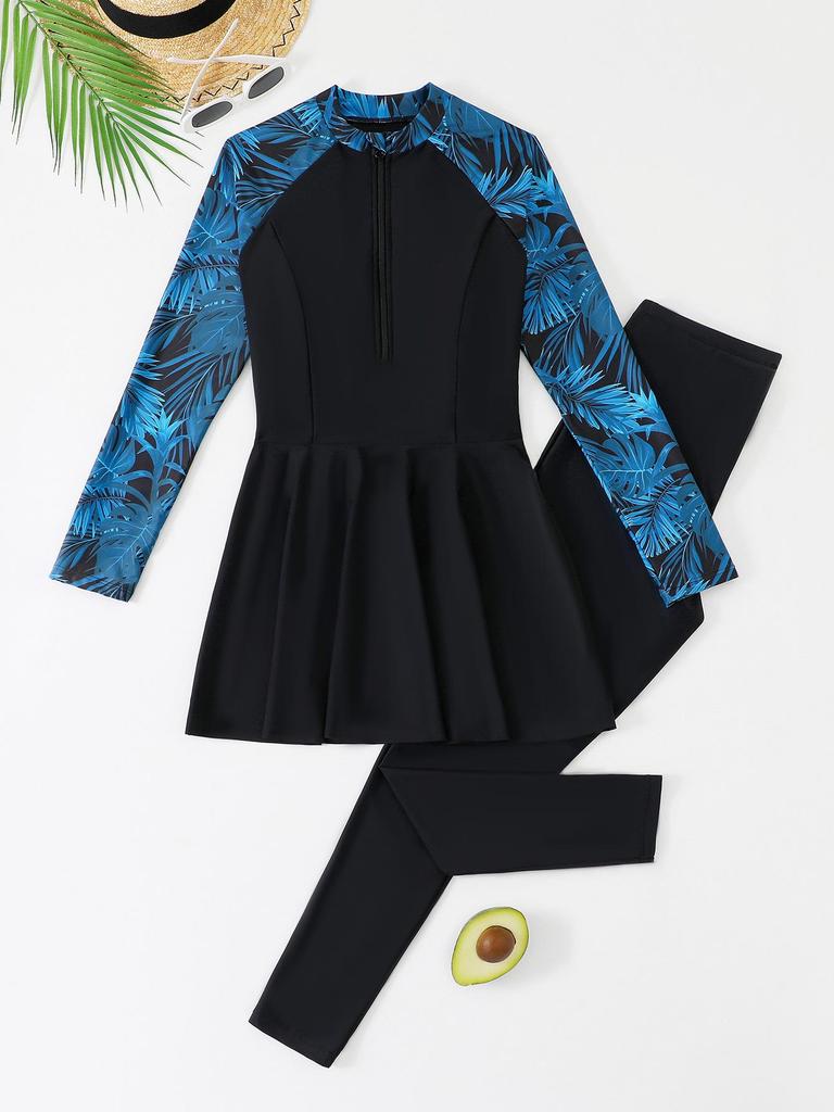 2026 New Sun-Protective Zipper Swimwear: Long Sleeve Two-Piece Swimsuit with Long Pants, Middle Eastern Conservative Style